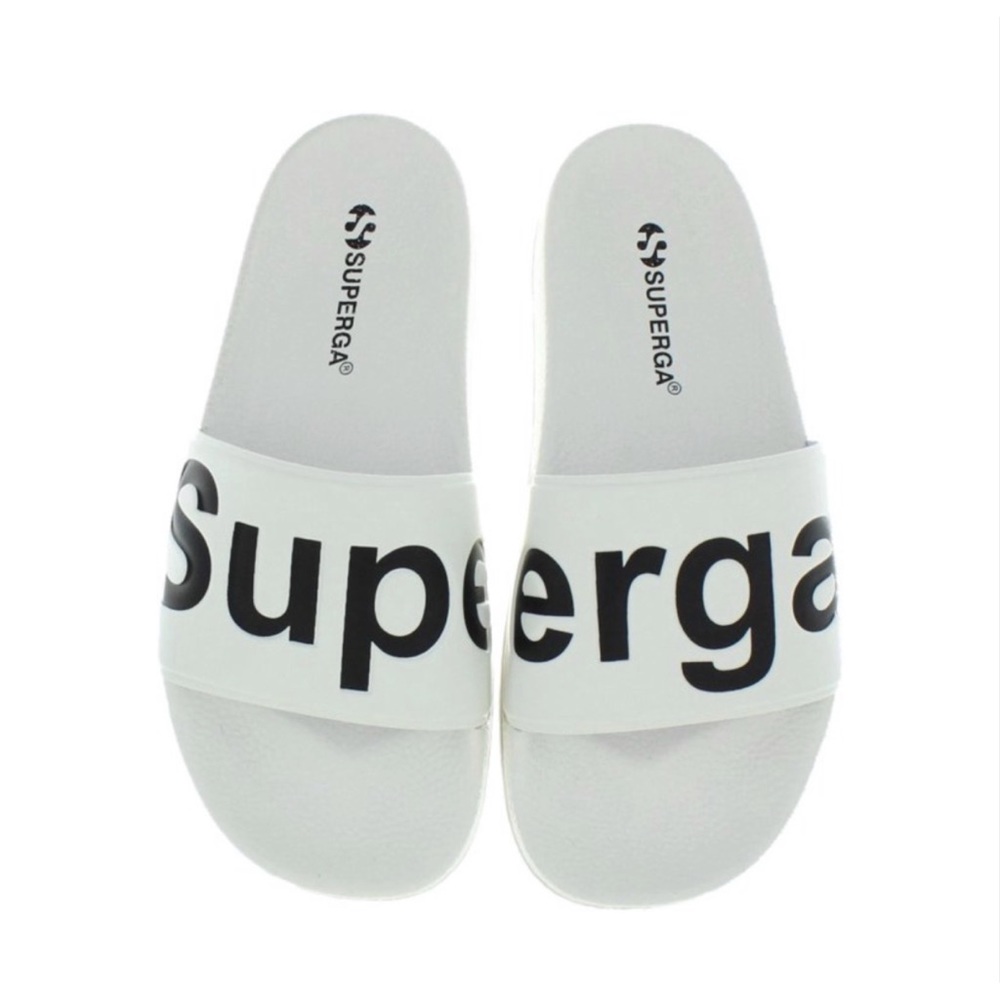 Superga White Slides with Black Logo